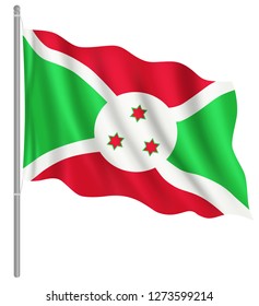 Flag of Burundi with flag pole waving in wind. Vector illustration