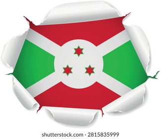 Flag of Burundi. Flag Revealed Through Torn Paper Hole with Realistic Curled Edges over a transparent background. The ripped edges curl outward with realistic shadows and depth, creating a striking reveal effect