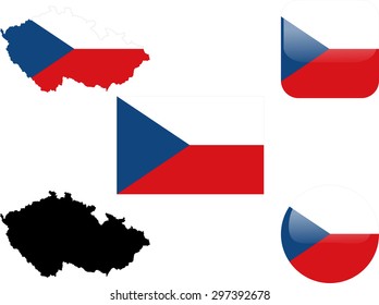 flag, buttons and map of czech republic collection - vector