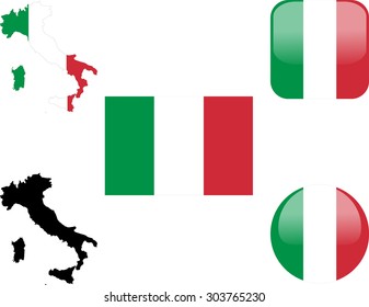 flag, buttons and map of italy collection - vector