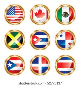 Flag buttons North & Central America. Vector, each in separated layer.