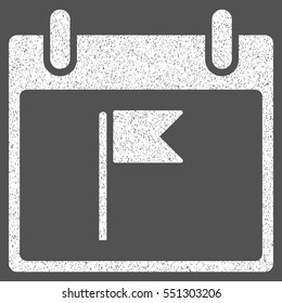Flag Calendar Day grainy textured icon for overlay watermark stamps. Flat symbol with scratched texture. Dotted vector white ink rubber seal stamp with grunge design on a gray background.