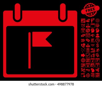 Flag Calendar Day icon with bonus calendar and time management design elements. Vector illustration style is flat iconic symbols, red, black background.