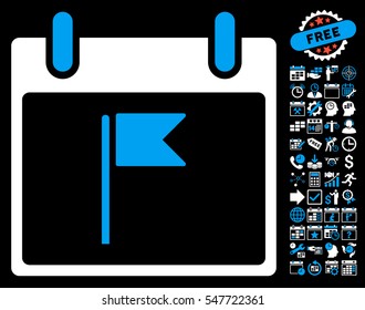 Flag Calendar Day icon with bonus calendar and time management symbols. Vector illustration style is flat iconic symbols, blue and white, black background.