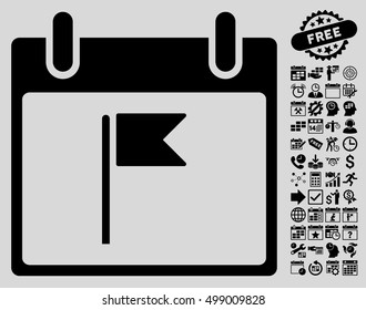 Flag Calendar Day pictograph with bonus calendar and time management pictograms. Vector illustration style is flat iconic symbols, black, light gray background.