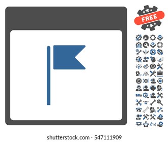 Flag Calendar Page icon with bonus setup tools clip art. Vector illustration style is flat iconic symbols, cobalt and gray, white background.