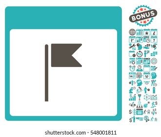 Flag Calendar Page icon with bonus calendar and time management icon set. Vector illustration style is flat iconic symbols, grey and cyan, white background.