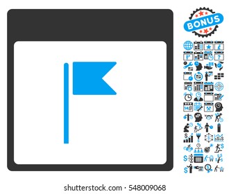 Flag Calendar Page pictograph with bonus calendar and time management icon set. Vector illustration style is flat iconic symbols, blue and gray, white background.