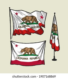 Flag of California on the wind and on the wall hand drawn illustration set