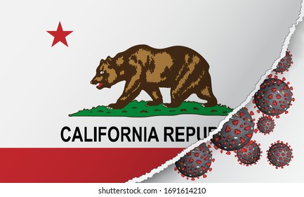 Flag of California state with outbreak viruses deadly coronavirus COVID-19. Banner with the spread of Coronavirus against background of national flag. USA Lockdown. Concept of quarantine. Stay at home