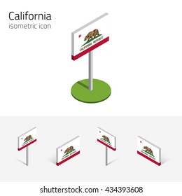 Flag of California (State of California, USA), vector set of isometric flat icons, 3D style, different views. Editable design element for banner, website, presentation, infographic, map. Eps 10