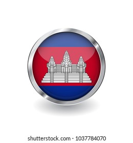 Flag of cambodia, button with metal frame and shadow. cambodia flag vector icon, badge with glossy effect and metallic border. Realistic vector illustration on white background.