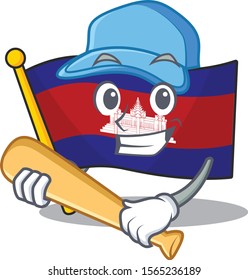 Flag cambodia cartoon with in playing baseball character