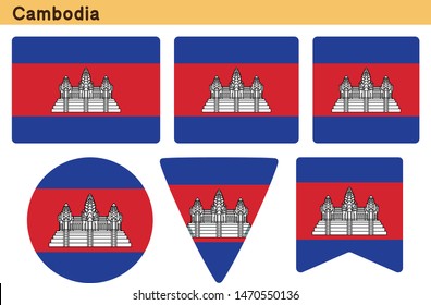 Flag of Cambodia. Flag icon set of six different shapes. Vector Illustration.
