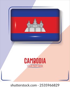 Bandeira do Camboja isolada no fundo branco com texto. Banner, Poster, vetor, template, Mockup, Plano de Fundo, Mídia Social, Post, 3D.