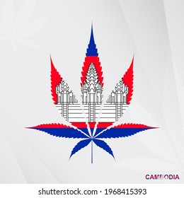Flag of Cambodia in Marijuana leaf shape. The concept of legalization Cannabis in Cambodia. Medical cannabis illustration.
