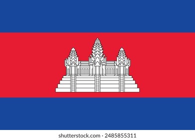 Flag of Cambodia. Red and blue flag with a temple. State symbol of the Kingdom of Cambodia.