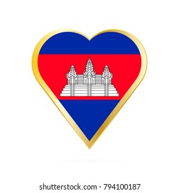 Flag of Cambodia in the shape of Heart, symbol of Love Gold version.