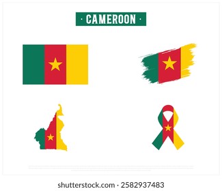 Flag of CAMEROON, Brush style flag of CAMEROON, Ribbon flag of CAMEROON, and Map of CAMEROON with flag in it on a white background, Republic Day