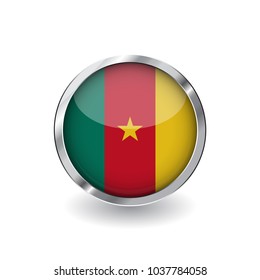Flag of cameroon, button with metal frame and shadow. cameroon flag vector icon, badge with glossy effect and metallic border. Realistic vector illustration on white background.