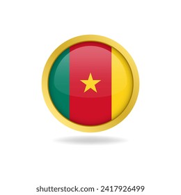 Flag of Cameroon with golden frame, circle round glossy button, vector design, editable eps file