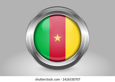 Flag of Cameroon. Metal and Glass Round Vector Icon. Isolated on Gray