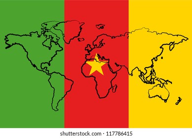 The flag of Cameroon with the outline of the world