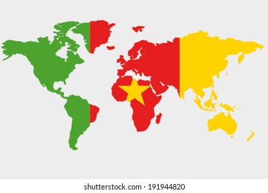 The flag of Cameroon in the outline of the world