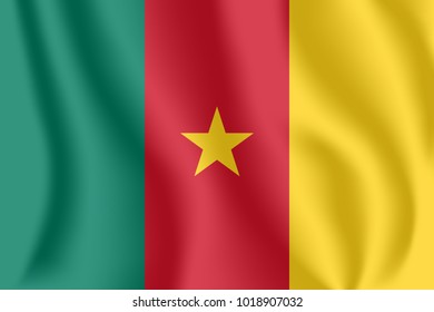 Flag of Cameroon. Realistic waving flag of Republic of Cameroon. Fabric textured flowing flag of Cameroon.