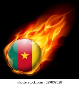 Flag of Cameroon as round glossy icon burning in flame