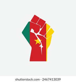 Flag of Cameroon in the shape of raised hand sign isolated on background. Fist symbol modern, simple, vector, icon for website design, mobile app, ui. Vector Illustration