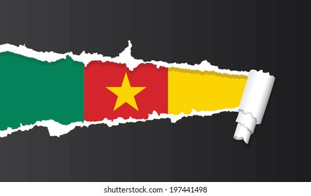 Flag of Cameroon under ripped paper vector illustration.