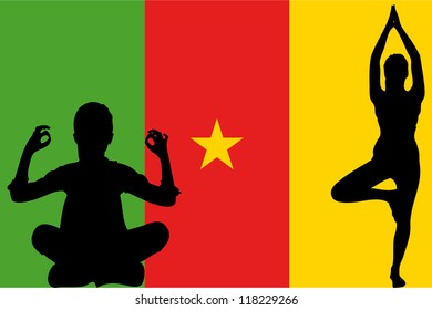 The flag of Cameroon with yoga silhouettes