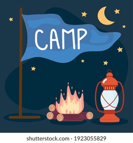 flag with camp word and campfire vector illustration design