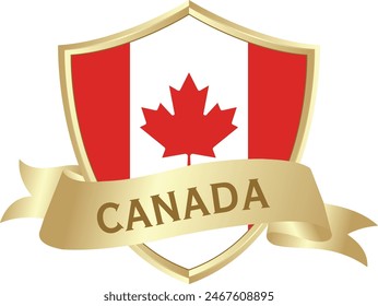 Flag of canada as around the metal gold shield with canada flag