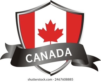 Flag of canada as around the metal silver shield with canada flag