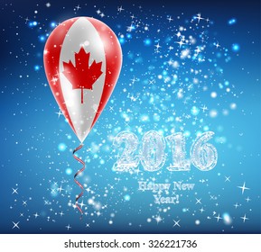 Flag of Canada in a balloon. The celebration and gifts on Happy New Year. Merry Christmas. The sky sparkles with stars and snowflakes. Image. Vector. Icon.