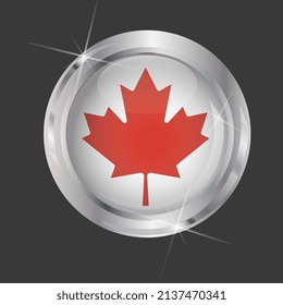 Flag of Canada in circle. 3D effect. Glossy and shiny button with metal frame and sparkles. Light reflection. Round Graphic design element. Isolated on gray background. Vector image EPS 10. 