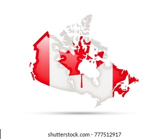 Flag of Canada and contour of the country on white background.