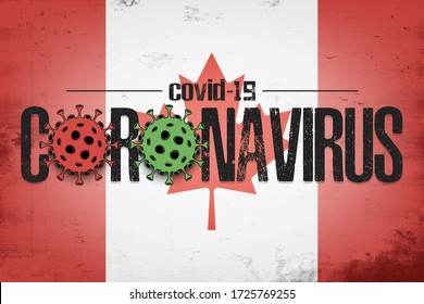 Flag of Canada with coronavirus covid-19. Virus cells coronavirus bacteriums against background of the flag of Canada. Coronavirus outbreak in Canada. Mode quarantine. Vector illustration