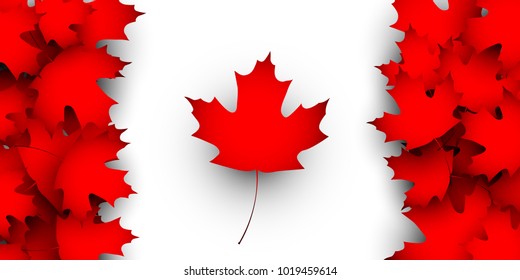 Flag of Canada design concept. Vector illustration of Canadian flag in national colors composed from fallen maple leaves on white. Canada day background.