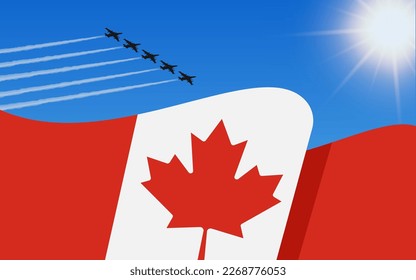 Flag of Canada and a fighter plane formation flying in the sky. Independence day Canada. Military aviation in the blue sky. Vector illustration