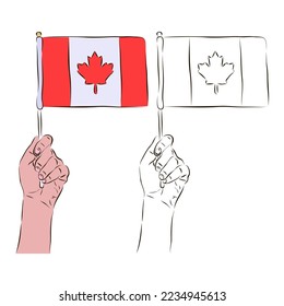 The flag of Canada in the hand of a man in color and black and white. The concept of patriotism.