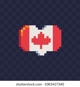 Flag of Canada in heart shape pixel art icon, Canadian national symbol of love. Embroidery, sticker, mobile app and logo design. 8-bit. Isolated vector illustration.