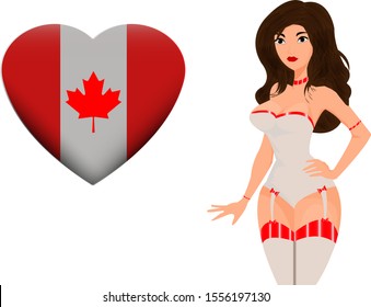 Flag of Canada in heart shape and sexy girl with stockings. Styled vector illustration with attractive lady for template, cover, card, invitation,  miss contest or web page design element.