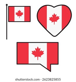 Bandera de Canadá. Corazón, burbuja del habla. Diseño plano. Ilustraciones vectoriales sobre fondo blanco.