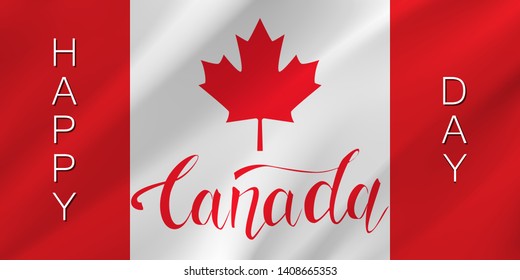 Flag of Canada and lettering on a background of maple leaves pattern. Decorative realistic design elements for Canadian national holidays. Symbol of Canada.  Vector illustration