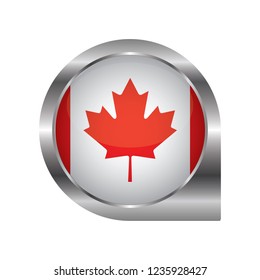 Flag of Canada, location map pin, pointer flag, button with the reflection of light and shadow, silver frame, Icon country. Realistic vector illustration on white background.