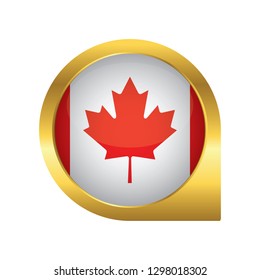 Flag of Canada, location map pin, pointer flag, button with the reflection of light and shadow, gold frame, Icon country. Realistic vector illustration on white background.