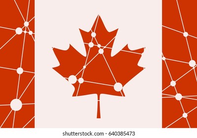 Flag of the Canada. Low poly concept triangular style. Molecule And Communication Background. Connected lines with dots.